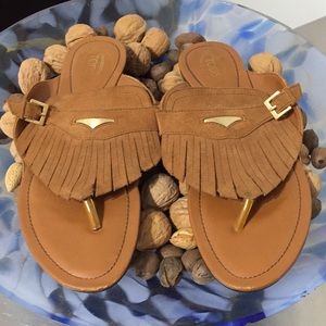 Tod’s Carmel suede and GOLD rubber sole flipFlops